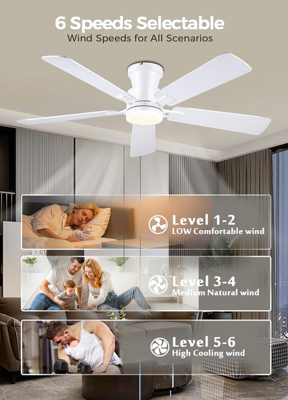 JSAITEE 52Inch Flush Mount Ceiling Fan with Lights Low Profile Brown