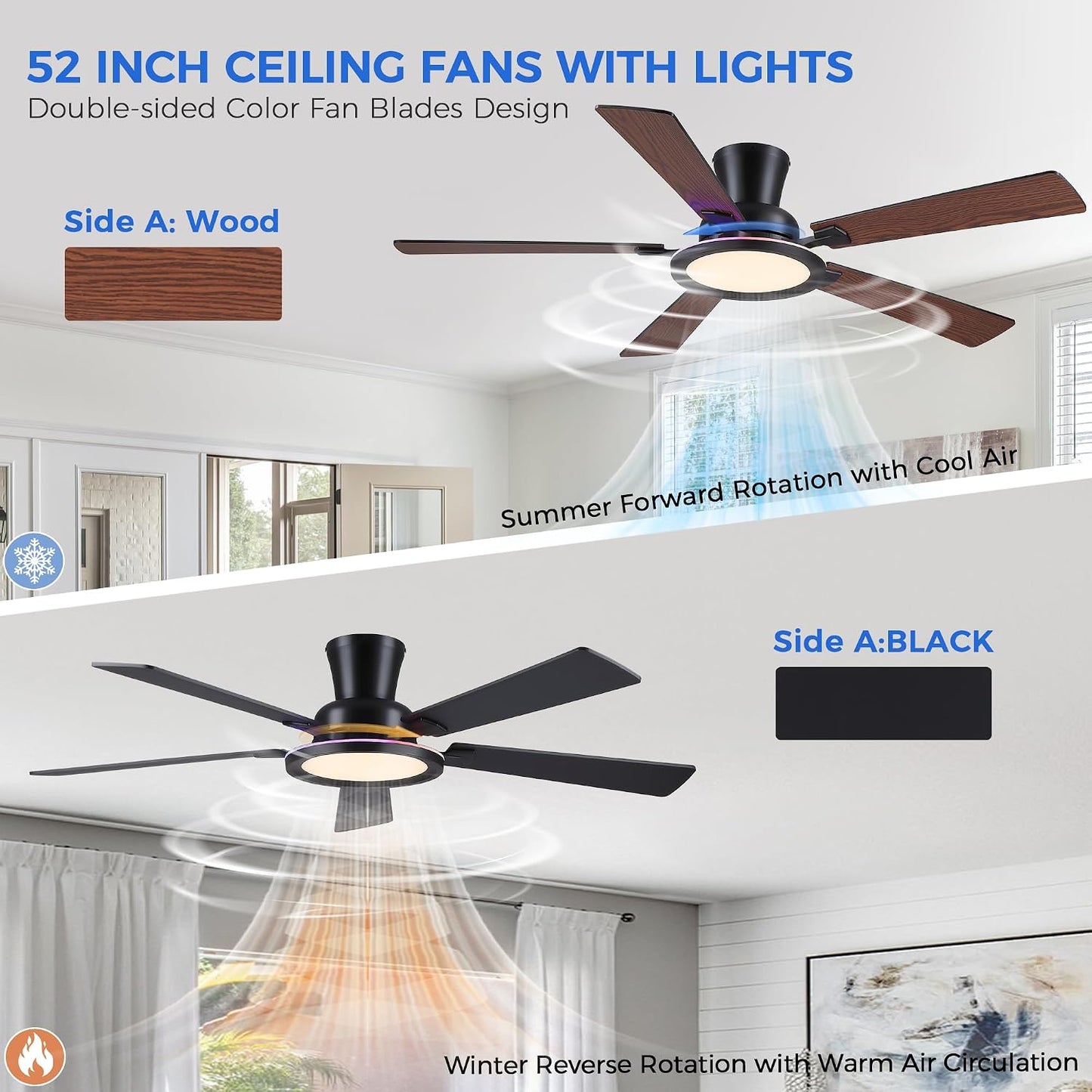 Ceiling Fans with Lights - 52in Flush Mount Ceiling Fan with RGB Dimmable, 3CCT 6 Wind Speeds and Reversible Quiet Motor, Low Profile RGB Fan Light for Modern Indoor, Party 8886-Black 8886-White 8886-Brown 8886-Nickel