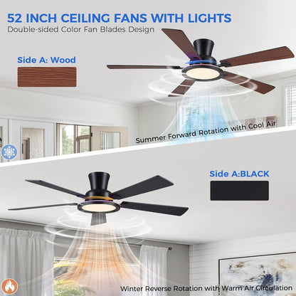 Ceiling Fans with Lights - 52in Flush Mount Ceiling Fan with RGB Dimmable, 3CCT 6 Wind Speeds and Reversible Quiet Motor, Low Profile RGB Fan Light for Modern Indoor, Party 8886-Black 8886-White 8886-Brown 8886-Nickel