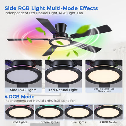 Ceiling Fans with Lights - 52in Flush Mount Ceiling Fan with RGB Dimmable, 3CCT 6 Wind Speeds and Reversible Quiet Motor, Low Profile RGB Fan Light for Modern Indoor, Party 8886-Black 8886-White 8886-Brown 8886-Nickel