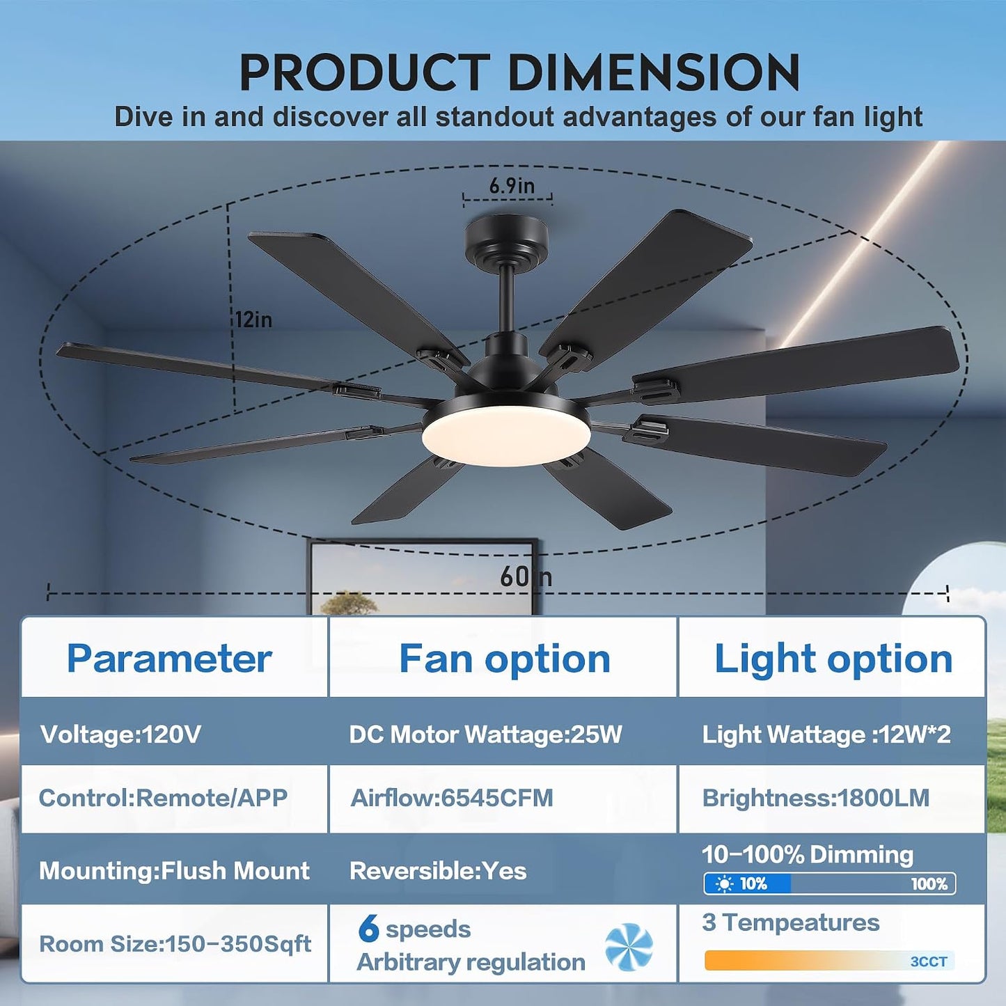 60" Ceiling Fan with Light - Modern White Low Profile Ceilings Fans Light Low Profile Fan with 8 Blades,6 Wind Speeds Reversible,Dimmable,Modern Light for Indoor Living Room,Kitchen,Coverd PatiosJL-153-Black-60In JL-153-White-60In JL-153-Brown-60In