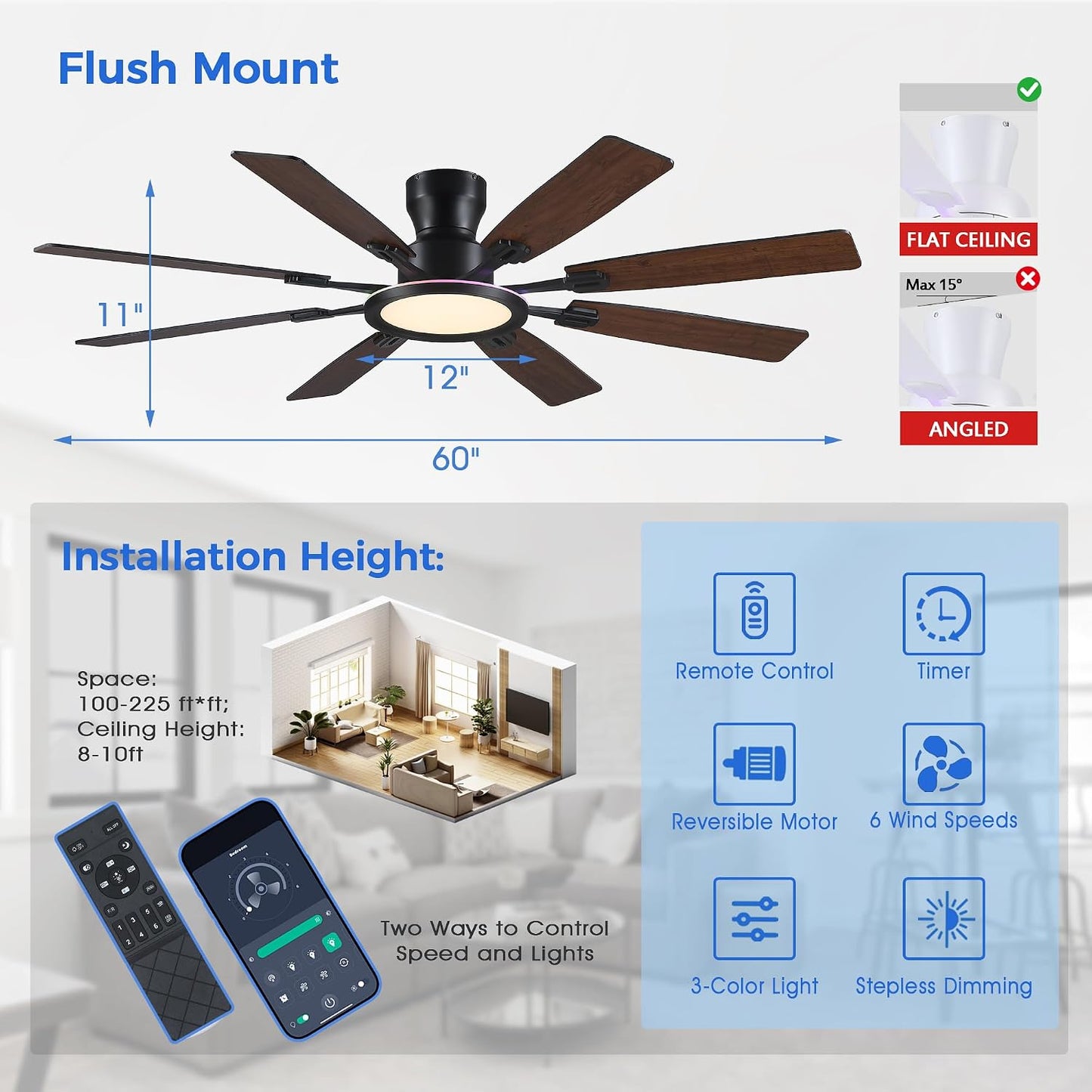 Ceiling Fans with Lights -60in Brown Flush Mount Ceiling Fan with RGB SY8888-Black-RGB SY8888-White-RGB SY8888-Brown-RGB