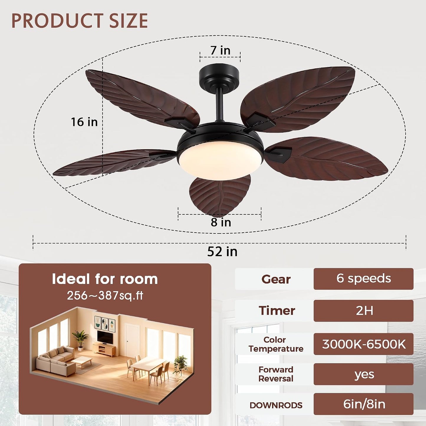 GJeg Tropical Ceiling Fans with Lights,52" Outdoor Palm Leaf Ceiling Fans 888-Black 52 888-White 52 888-Brown 52 888-Dark brown 52 888-Light brown 52