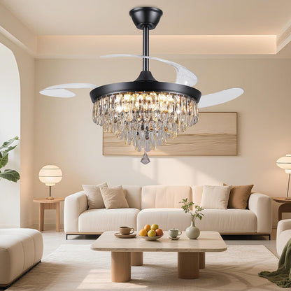 48" Chandelier Ceiling Fan with Lights, Crystal Retractable Fandelier with 3 Color LED Dimmable, Reversible DC Motor, Modern for Bedroom, Living Room5555-BLACK 5555-GOLD 5555-NICKEL
