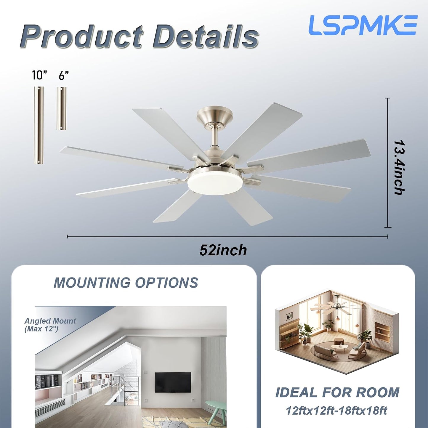Ceiling Fan With Light & Remote Indoor/Outdoor Use 52 Inch Black White Brown Nickel LSP-100-Black LSP-100-White LSP-100-Brown LSP-100-Nickel