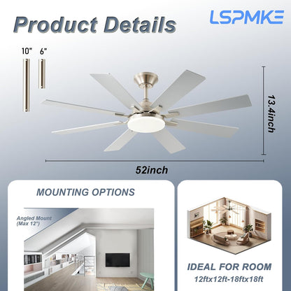 Ceiling Fan With Light & Remote Indoor/Outdoor Use 52 Inch Black White Brown Nickel LSP-100-Black LSP-100-White LSP-100-Brown LSP-100-Nickel