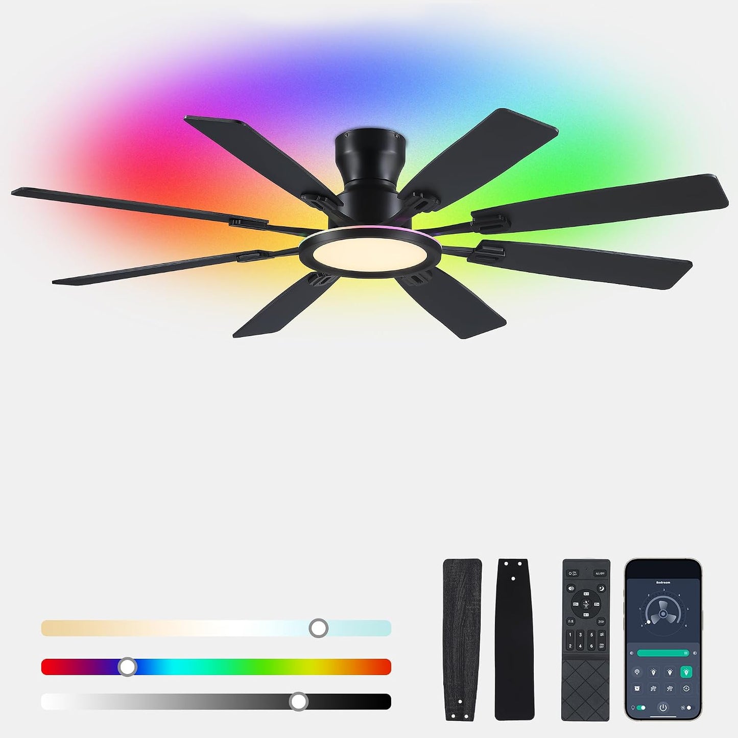 Ceiling Fans with Lights -60in Brown Flush Mount Ceiling Fan with RGB SY8888-Black-RGB SY8888-White-RGB SY8888-Brown-RGB