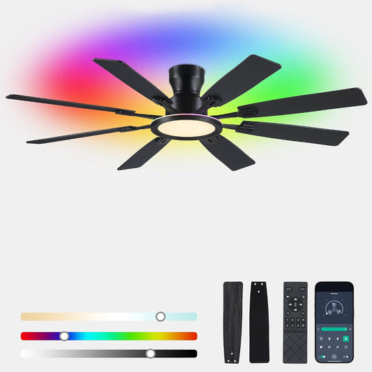 Ceiling Fans with Lights -60in Brown Flush Mount Ceiling Fan with RGB SY8888-Black-RGB SY8888-White-RGB SY8888-Brown-RGB