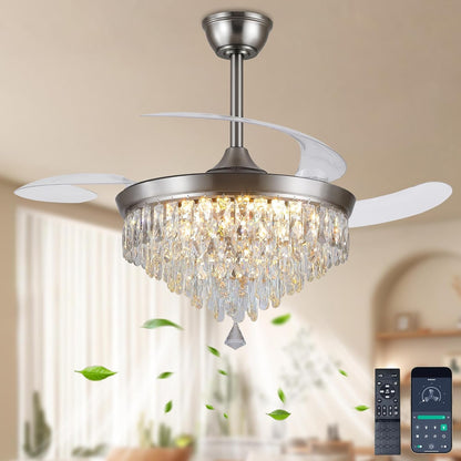 48" Chandelier Ceiling Fan with Lights, Crystal Retractable Fandelier with 3 Color LED Dimmable, Reversible DC Motor, Modern for Bedroom, Living Room5555-BLACK 5555-GOLD 5555-NICKEL