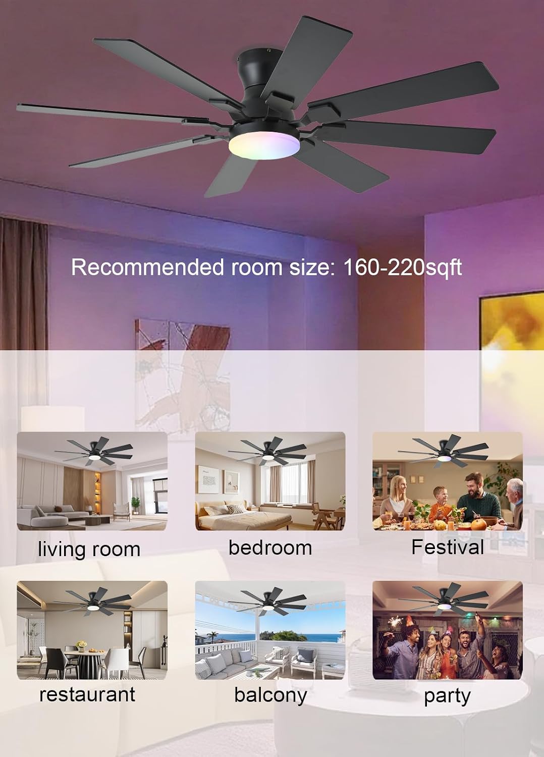 JSAITEE 52 inch Ceiling Fan with Light, 6 Speeds Reversible Low Profile Ceiling Fan with Light and Remote/APP Control, 3 Color Temp+Dimmable RGB, 8 Blades, Flush Mount Quiet Ceiling Fans, Black JL99-Black