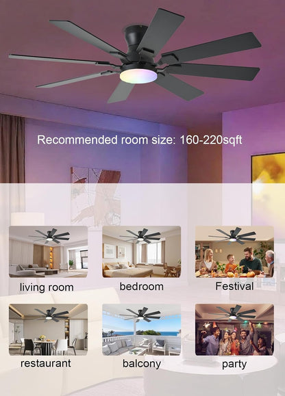 JSAITEE 52 inch Ceiling Fan with Light, 6 Speeds Reversible Low Profile Ceiling Fan with Light and Remote/APP Control, 3 Color Temp+Dimmable RGB, 8 Blades, Flush Mount Quiet Ceiling Fans, Black JL99-Black