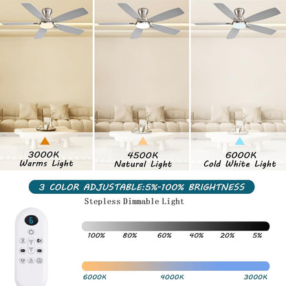 JSAITEE Ceiling Fans with Lights, 52 Inch Low Profile Ceiling Fan with Light and Remote Control, Flush Mount, DC Reversible Motor, Noiseless, White 6 Speeds Ceiling Fan for BedroomJL-66-Brown JL-66-nickle JL-66-white JL-66-black