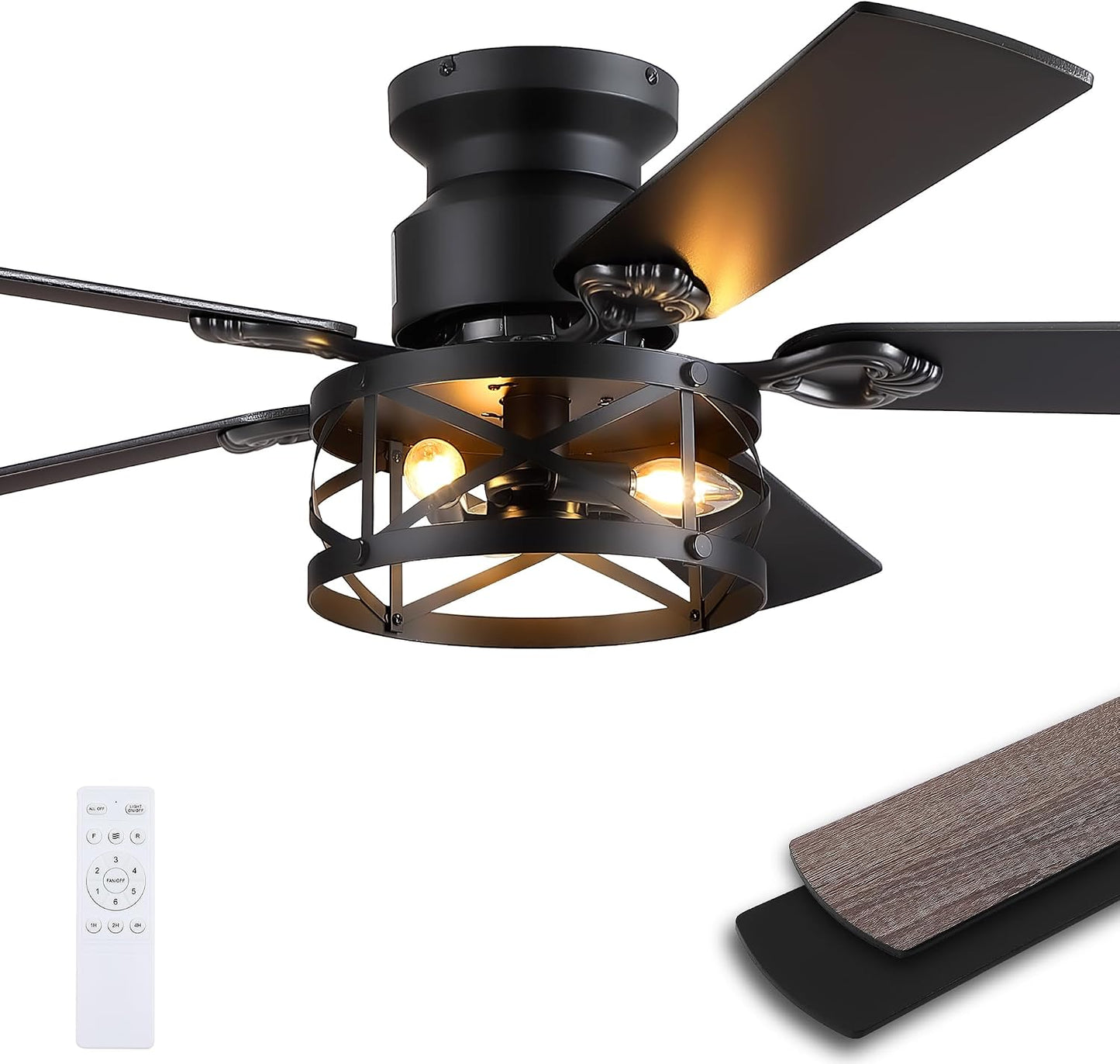 JSAITEE 52" Farmhouse Flush Mount Ceiling Fans with Lights, No Bulbs