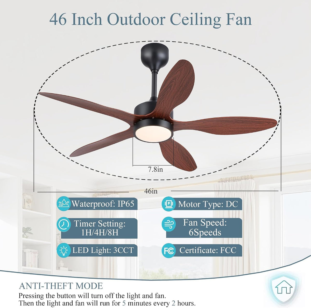 46 inch Waterproof Outdoor Ceiling Fan with Lights and Remote,IP65 Hanging Gazebo Fan with 3CCT 6-Speed DC Motor,Brown Wet Rated Plug in Ceiling Fan with Cord for Patios Porch Pergola LSP-36WP-Black LSP-36WP-White LSP-36WP-Brown