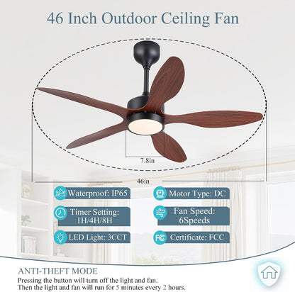 46 inch Waterproof Outdoor Ceiling Fan with Lights and Remote,IP65 Hanging Gazebo Fan with 3CCT 6-Speed DC Motor,Brown Wet Rated Plug in Ceiling Fan with Cord for Patios Porch Pergola LSP-36WP-Black LSP-36WP-White LSP-36WP-Brown