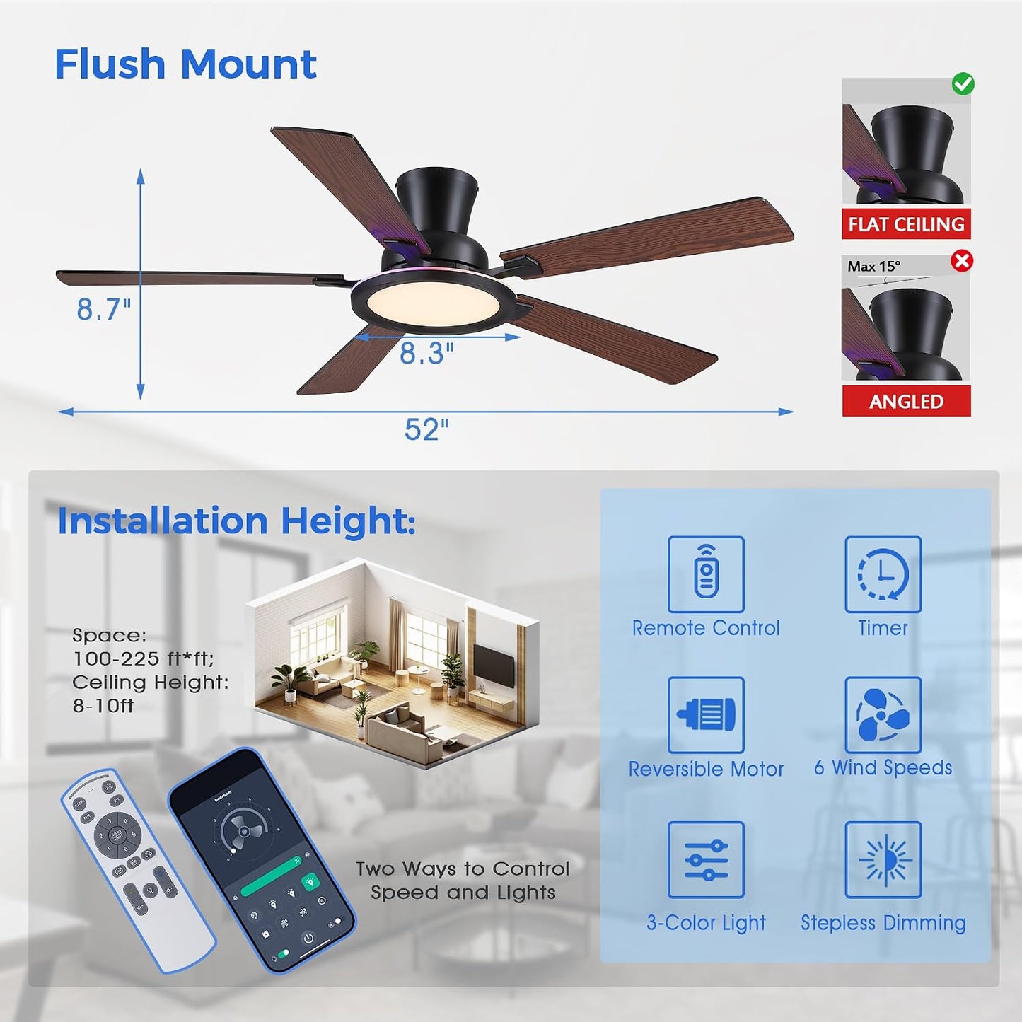 Ceiling Fans with Lights - 52in Flush Mount Ceiling Fan with RGB Dimmable, 3CCT 6 Wind Speeds and Reversible Quiet Motor, Low Profile RGB Fan Light for Modern Indoor, Party 8886-Black 8886-White 8886-Brown 8886-Nickel