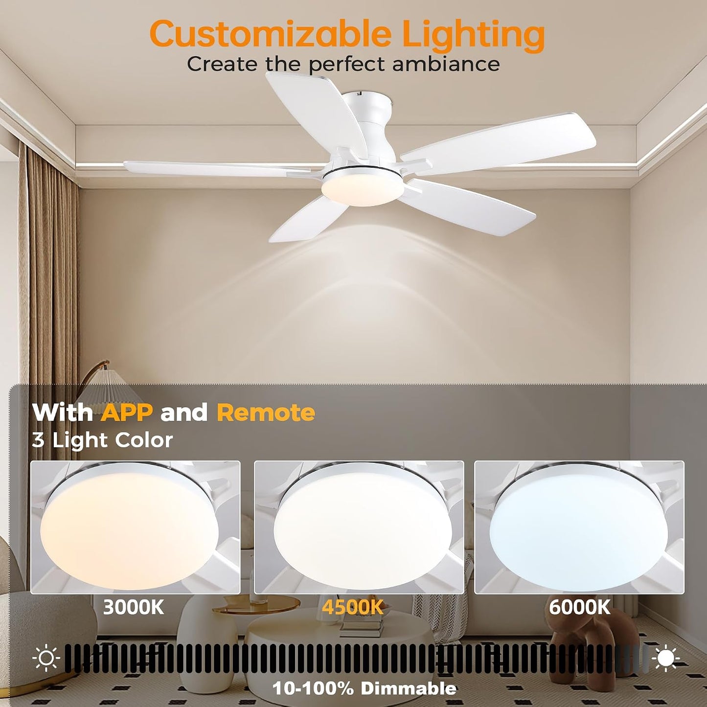 JSAITEE 46 Inch Low Profile Flush Mount Ceiling Fan with Lights, Black Brown WhiteJL-66-42-Brown JL-66-42-black JL-66-42-white