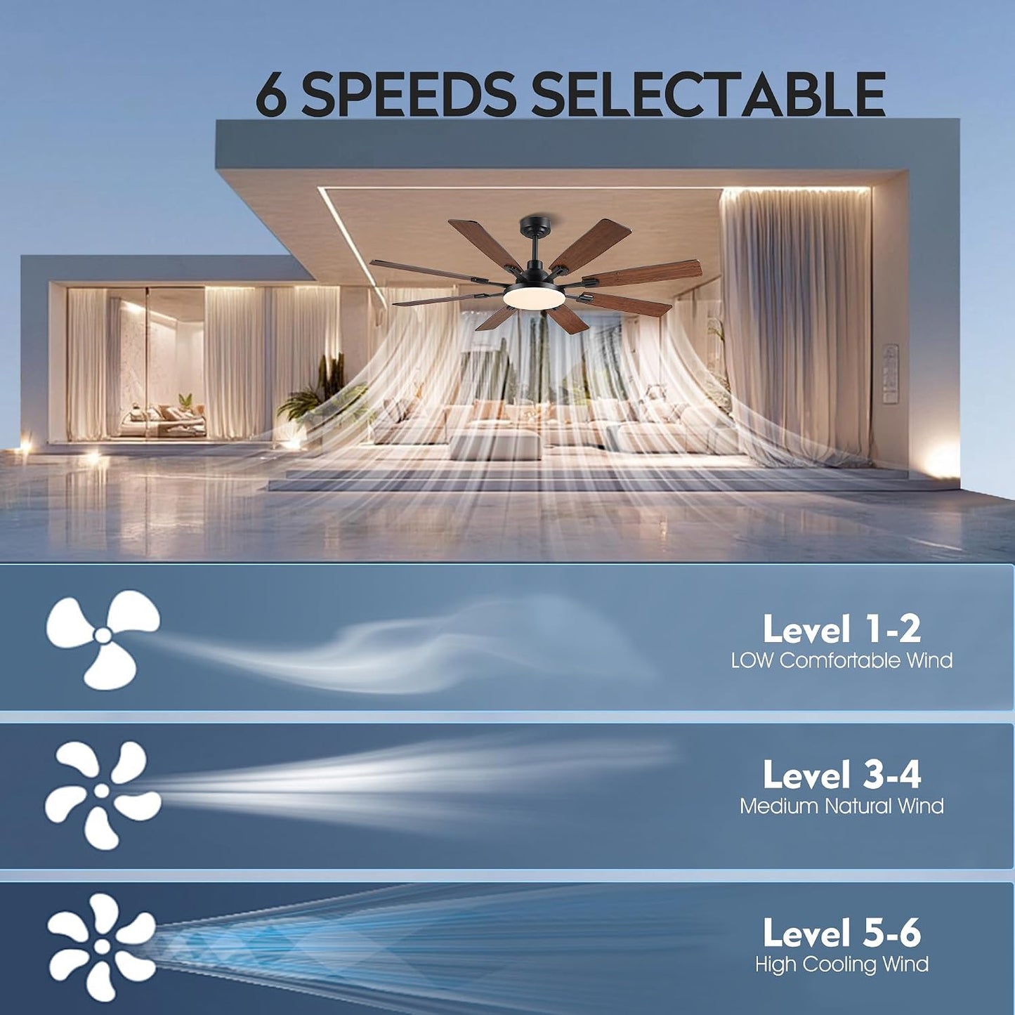 60" Ceiling Fan with Light - Modern White Low Profile Ceilings Fans Light Low Profile Fan with 8 Blades,6 Wind Speeds Reversible,Dimmable,Modern Light for Indoor Living Room,Kitchen,Coverd PatiosJL-153-Black-60In JL-153-White-60In JL-153-Brown-60In