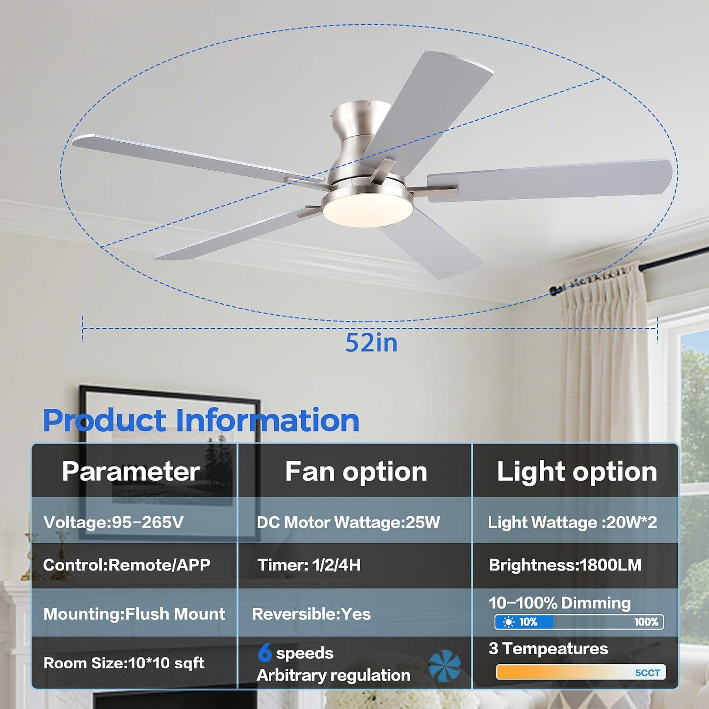 Ceiling Fans with Lights,52 Inch Low Profile Ceiling Fan with Light-Flush Mount Dimmable, Quiet DC Motor for Outdoor Patio,Garage,Bedroom Brown67-Black 52in 67-White 52in 67-Brown 52in 67-Nickel 52in
