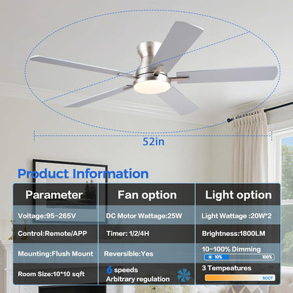 Ceiling Fans with Lights,52 Inch Low Profile Ceiling Fan with Light-Flush Mount Dimmable, Quiet DC Motor for Outdoor Patio,Garage,Bedroom Brown67-Black 52in 67-White 52in 67-Brown 52in 67-Nickel 52in