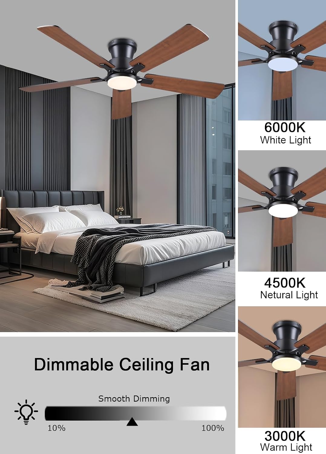 JSAITEE 52Inch Flush Mount Ceiling Fan with Lights Low Profile Brown