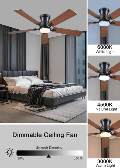 JSAITEE 52Inch Flush Mount Ceiling Fan with Lights Low Profile Brown