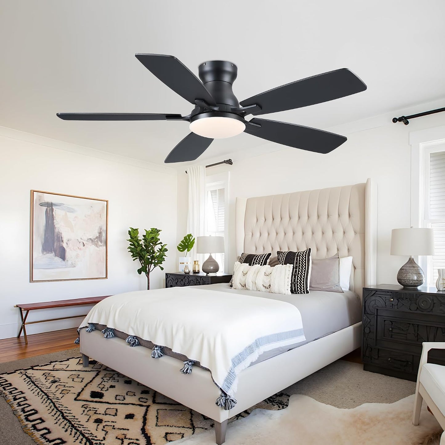 JSAITEE 46 Inch Low Profile Flush Mount Ceiling Fan with Lights, Black Brown WhiteJL-66-42-Brown JL-66-42-black JL-66-42-white