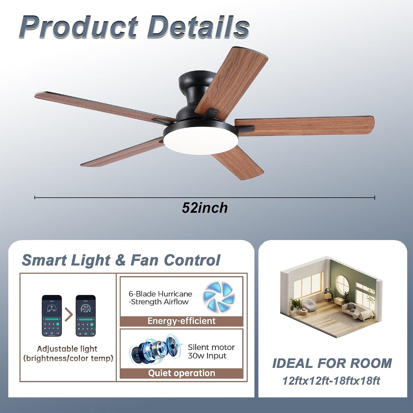 52" Ceiling Fan with Light, Remote Control, 3CCT Dimmable Noiseless DC Motor, Modern Indoor Lighting Fixture for Bedroom, Kitchen LSP-266-Black LSP-266-White LSP-266-Brown LSP-266-Nickel