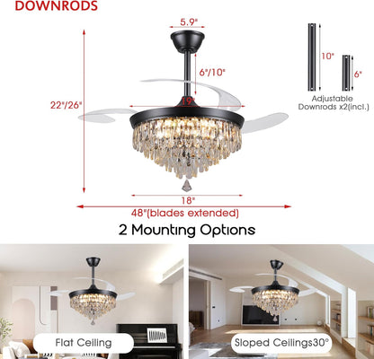 48" Chandelier Ceiling Fan with Lights, Crystal Retractable Fandelier with 3 Color LED Dimmable, Reversible DC Motor, Modern for Bedroom, Living Room5555-BLACK 5555-GOLD 5555-NICKEL