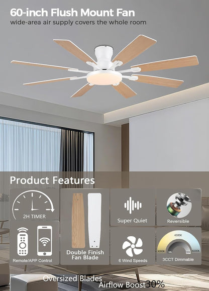 JSAITEE 60Inch Ceiling Fan with Lights Low Profile Flush Mount Brown RGB