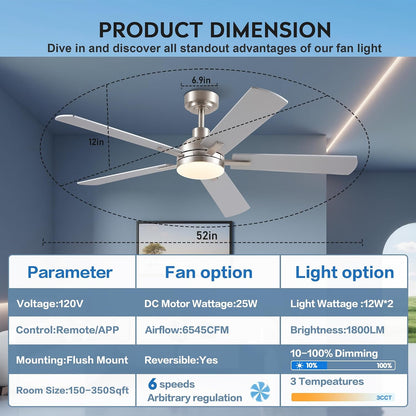 JSAITEE Ceiling Fans with Lights - 52Inch Low Profile Flush Mount Ceiling Fan with Light and Remote Control, DC Reversible Motor, Dimmable, 6 Speeds Ceiling Fan for Bedroom, Kitchen, JL-53-Black JL-53-White JL-053-Brwon JL-53-Nickel