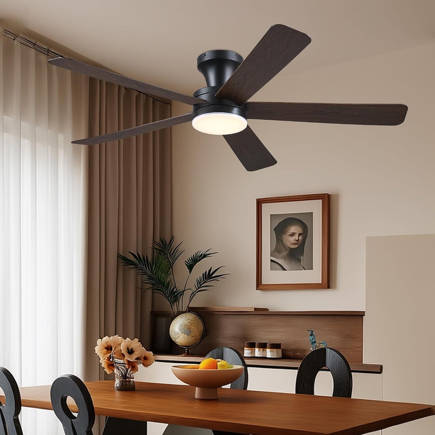 Ceiling Fans with Lights,46" Black Flush Mount Ceiling Fan Light with ABS Blades Reversible,3CCT Dimmable, Low Profile Fan Light for Indoor Modern Bedroom, Kitchen