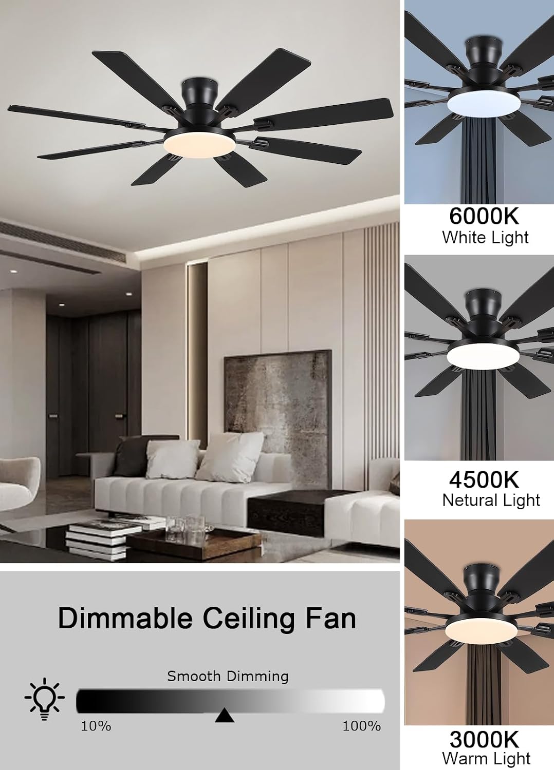 JSAITEE 60Inch Ceiling Fan with Lights Low Profile Flush Mount Brown RGB