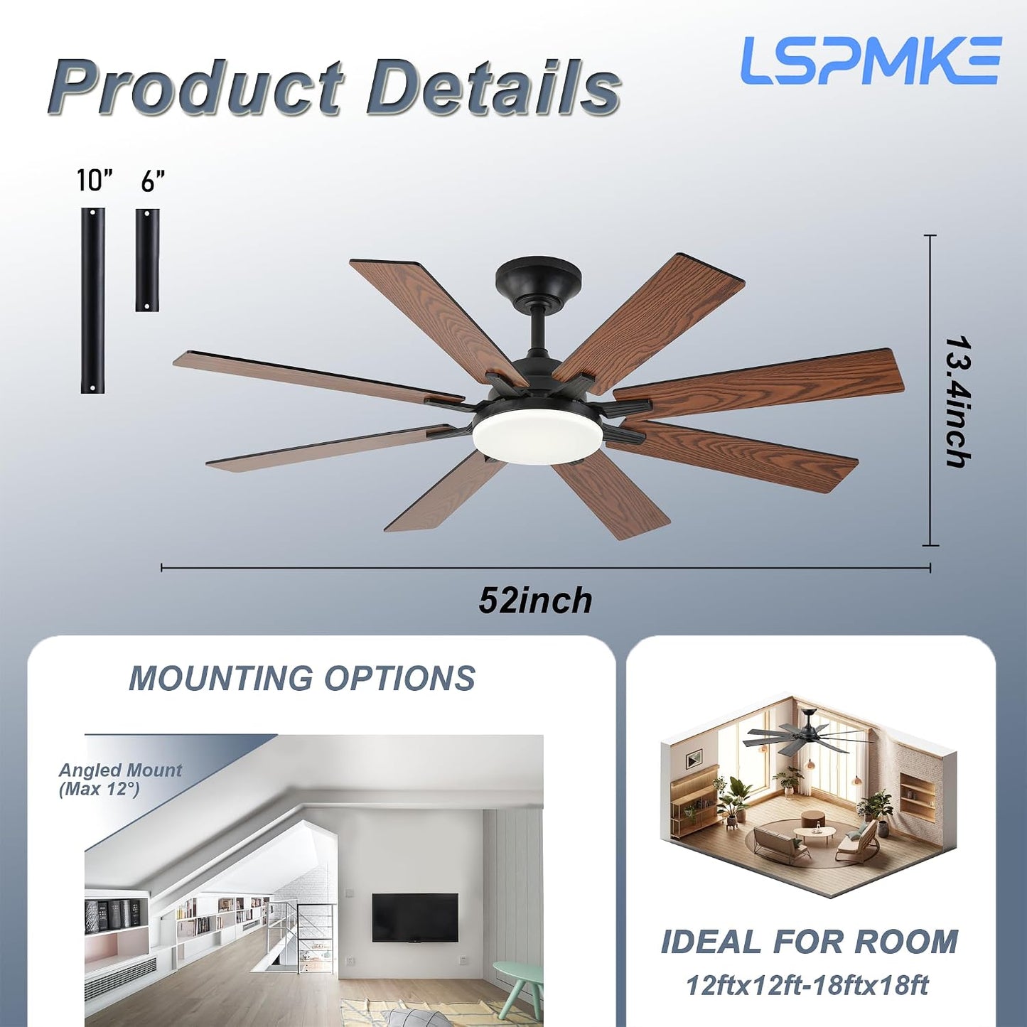 Ceiling Fan With Light & Remote Indoor/Outdoor Use 52 Inch Black White Brown Nickel LSP-100-Black LSP-100-White LSP-100-Brown LSP-100-Nickel