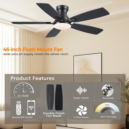 JSAITEE 46 Inch Low Profile Flush Mount Ceiling Fan with Lights, Black Brown WhiteJL-66-42-Brown JL-66-42-black JL-66-42-white