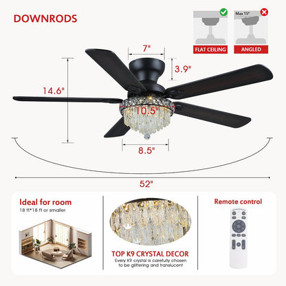 Crystal Ceiling Fan Fandelier with Lights-Modern Ceiling Fan(52" )5889-Black 5890-Black