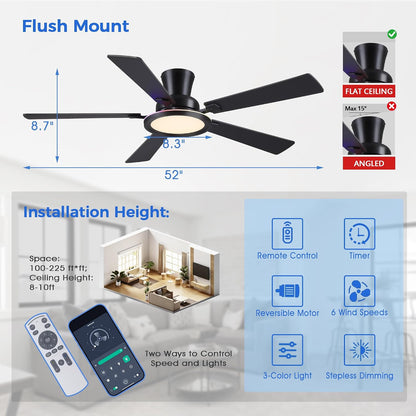 Ceiling Fans with Lights - 52in Flush Mount Ceiling Fan with RGB Dimmable, 3CCT 6 Wind Speeds and Reversible Quiet Motor, Low Profile RGB Fan Light for Modern Indoor, Party 8886-Black 8886-White 8886-Brown 8886-Nickel