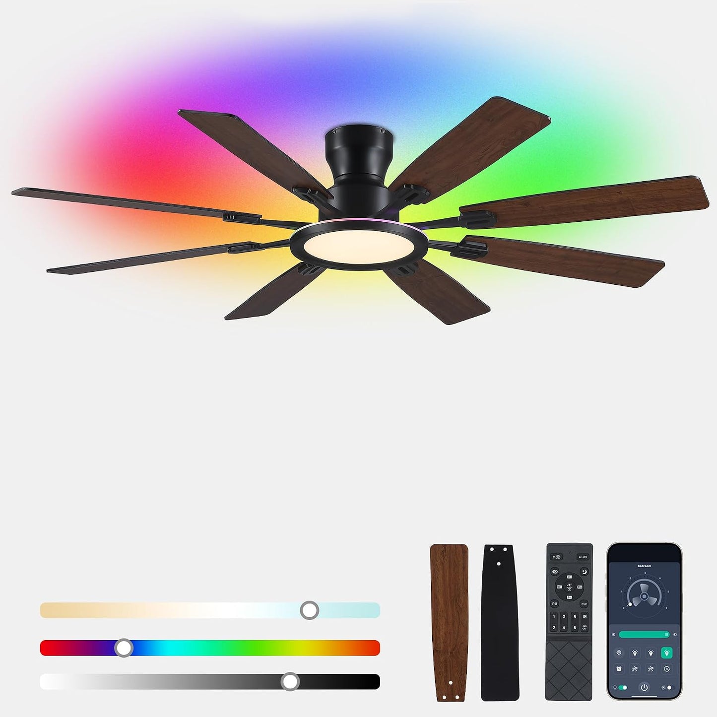 Ceiling Fans with Lights -60in Brown Flush Mount Ceiling Fan with RGB SY8888-Black-RGB SY8888-White-RGB SY8888-Brown-RGB