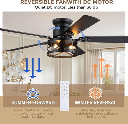 JSAITEE 52" Farmhouse Flush Mount Ceiling Fans with Lights, No Bulbs