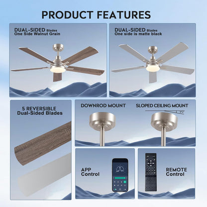 JSAITEE Ceiling Fans with Lights - 52Inch Low Profile Flush Mount Ceiling Fan with Light and Remote Control, DC Reversible Motor, Dimmable, 6 Speeds Ceiling Fan for Bedroom, Kitchen, JL-53-Black JL-53-White JL-053-Brwon JL-53-Nickel