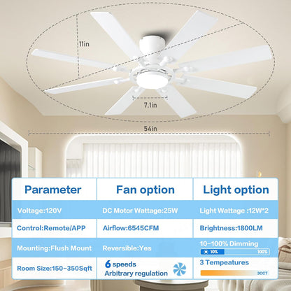 Ceiling Fans with Lights, 54 inch Low Profile Ceiling Fan with Light and Remote Control, Flush Mount Ceiling Fan for Bedroom, Living Room, Reversible, 3CCT, Dimmable, Noiseless DC Motor, Black White Brown