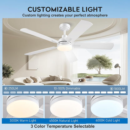 JSAITEE Ceiling Fans with Lights - 52Inch Low Profile Flush Mount Ceiling Fan with Light and Remote Control, DC Reversible Motor, Dimmable, 6 Speeds Ceiling Fan for Bedroom, Kitchen, JL-53-Black JL-53-White JL-053-Brwon JL-53-Nickel