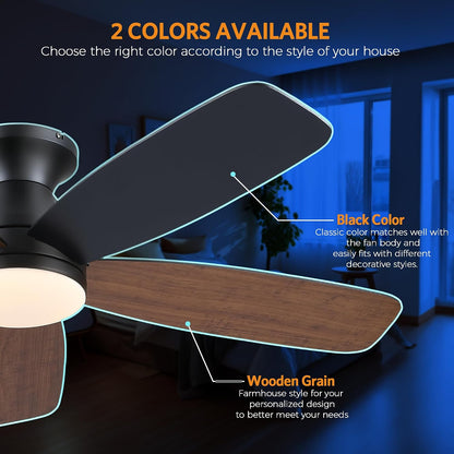 SAITEE 48" Ceiling Fans with Lights Low Profile - Flush Mount Ceiling Fan with Light and Remote, 6 Wind Speeds Reversible, Quiet, 3CCT Dimmable, Fan Light for Modern Indoor, Bedroom, Kitchen,JL68-48-Black JL068-48-white JL68-48-Brwon JL68-48-Nickle