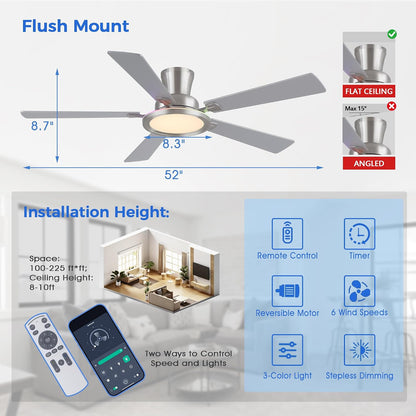 Ceiling Fans with Lights - 52in Flush Mount Ceiling Fan with RGB Dimmable, 3CCT 6 Wind Speeds and Reversible Quiet Motor, Low Profile RGB Fan Light for Modern Indoor, Party 8886-Black 8886-White 8886-Brown 8886-Nickel