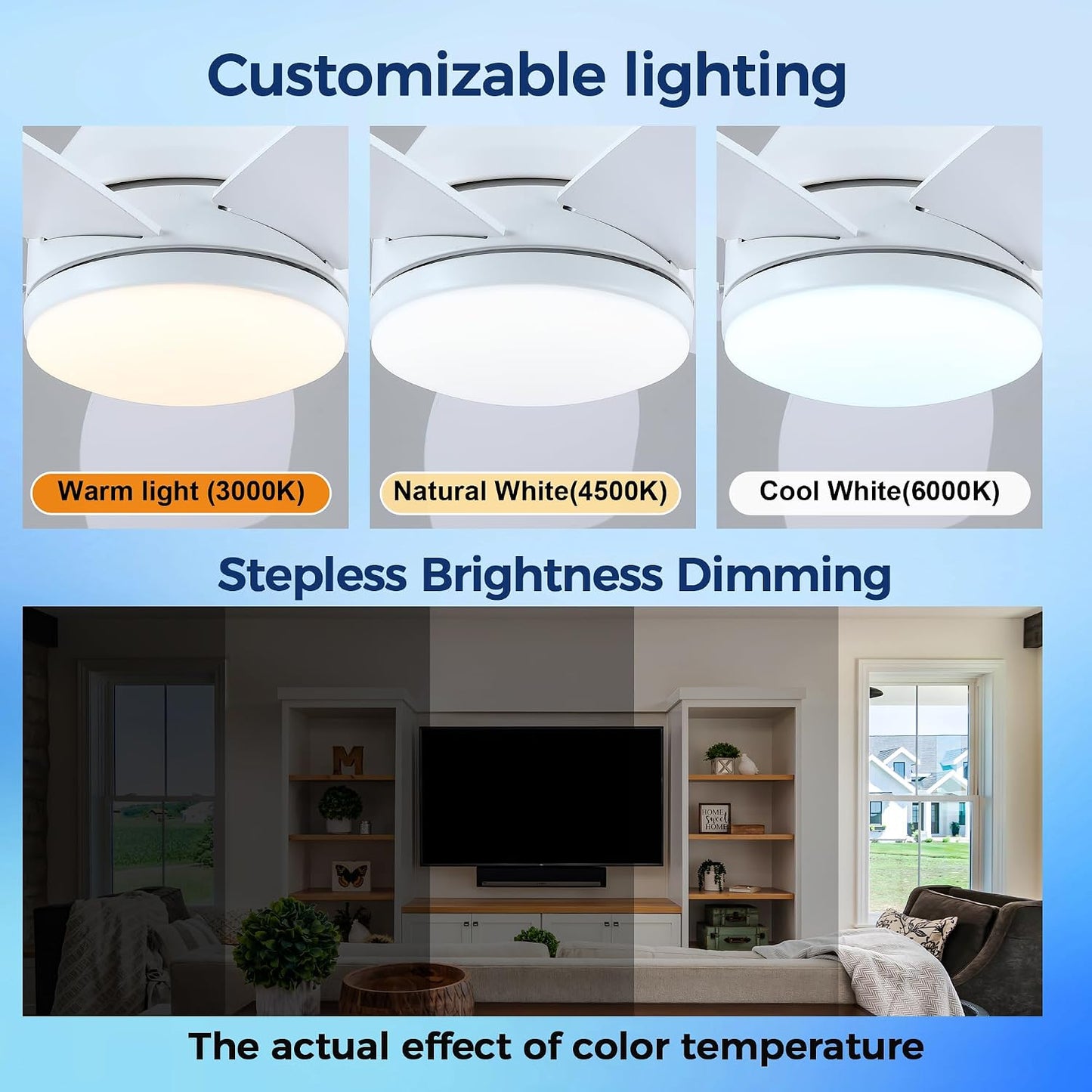 SAITEE 48" Ceiling Fans with Lights Low Profile - Flush Mount Ceiling Fan with Light and Remote, 6 Wind Speeds Reversible, Quiet, 3CCT Dimmable, Fan Light for Modern Indoor, Bedroom, Kitchen,JL68-48-Black JL068-48-white JL68-48-Brwon JL68-48-Nickle