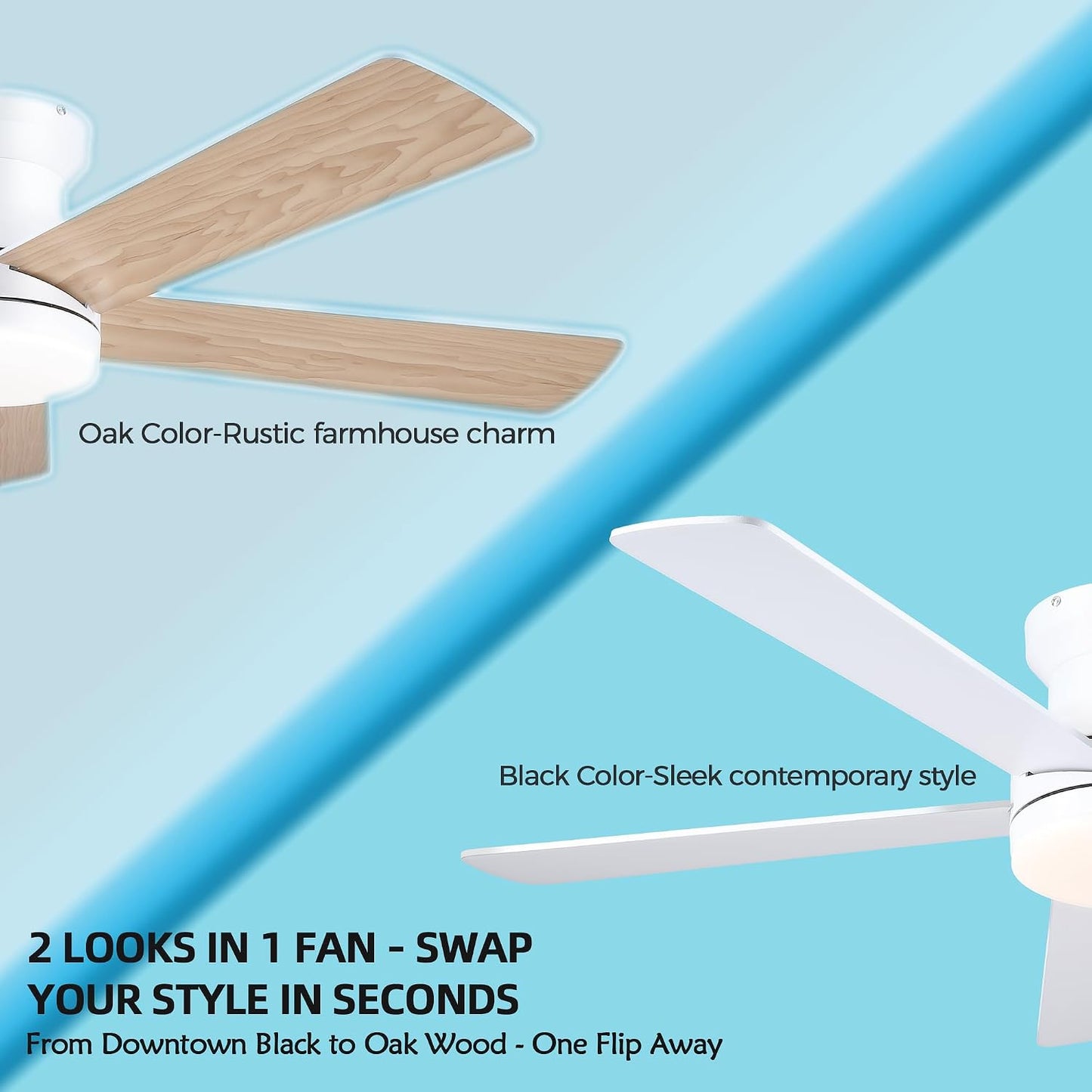 48In Ceiling Fan with Light Flush Mount - White Low Profile Ceiling Fan Light with Remote/APP, 5 Reversible Dual-Sided Blades, Modern Fan Light for Indoor Bedroom, Covered Outdoor