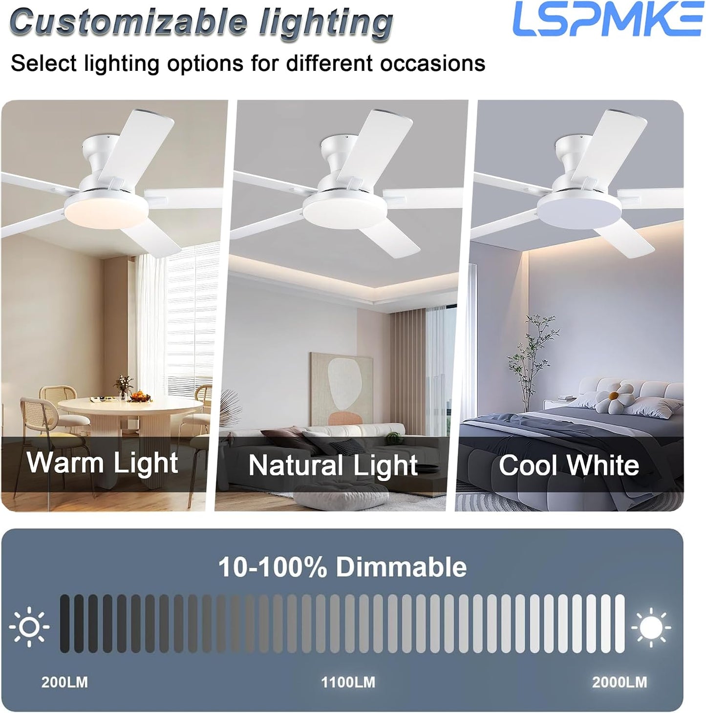 52" Ceiling Fan with Light, Remote Control, 3CCT Dimmable Noiseless DC Motor, Modern Indoor Lighting Fixture for Bedroom, Kitchen LSP-266-Black LSP-266-White LSP-266-Brown LSP-266-Nickel