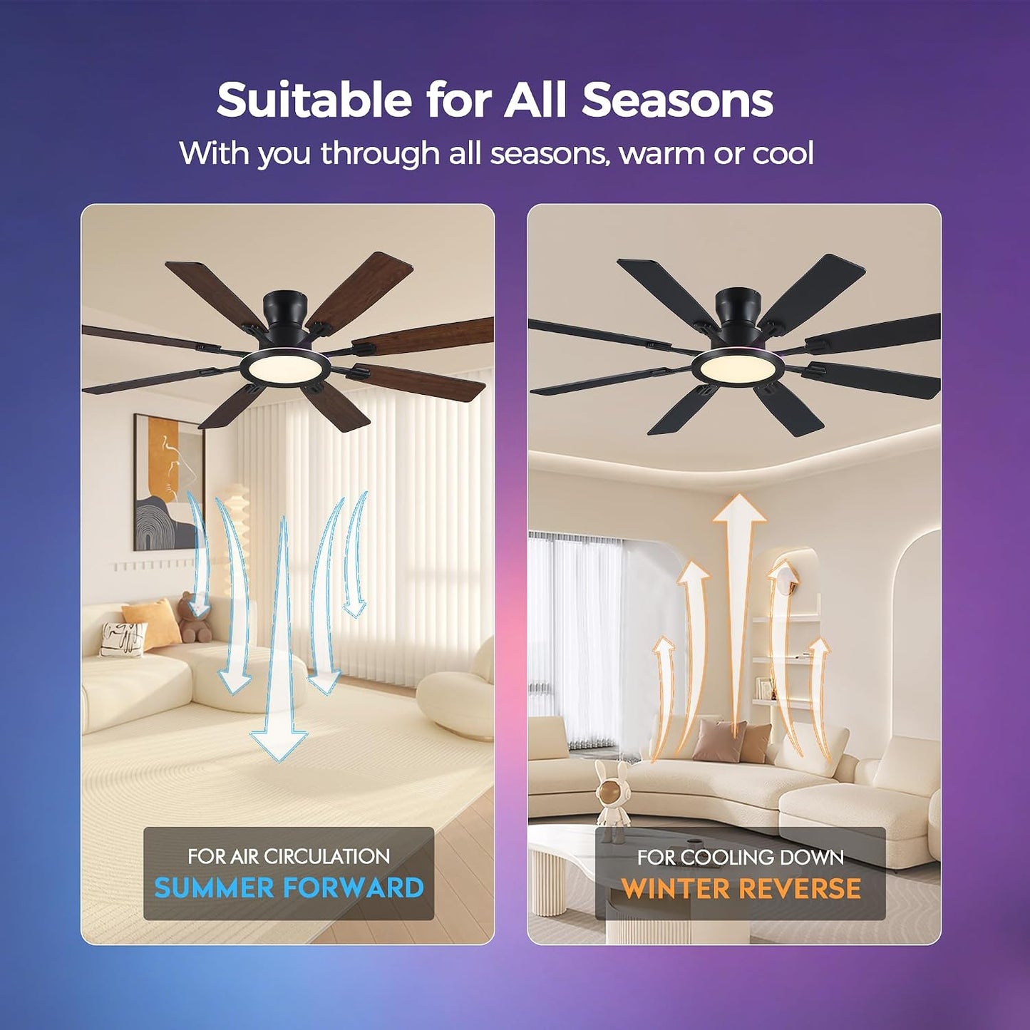 JSAITEE 60Inch Ceiling Fan with Lights Low Profile Flush Mount Brown RGB