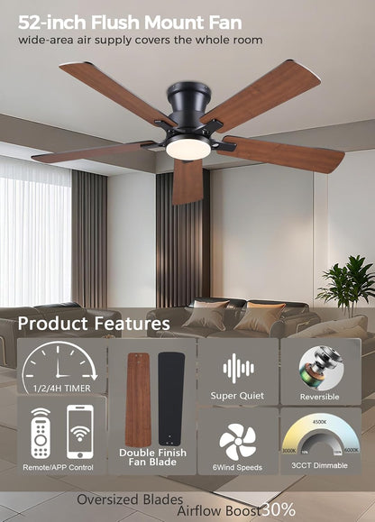 JSAITEE 52Inch Flush Mount Ceiling Fan with Lights Low Profile Brown
