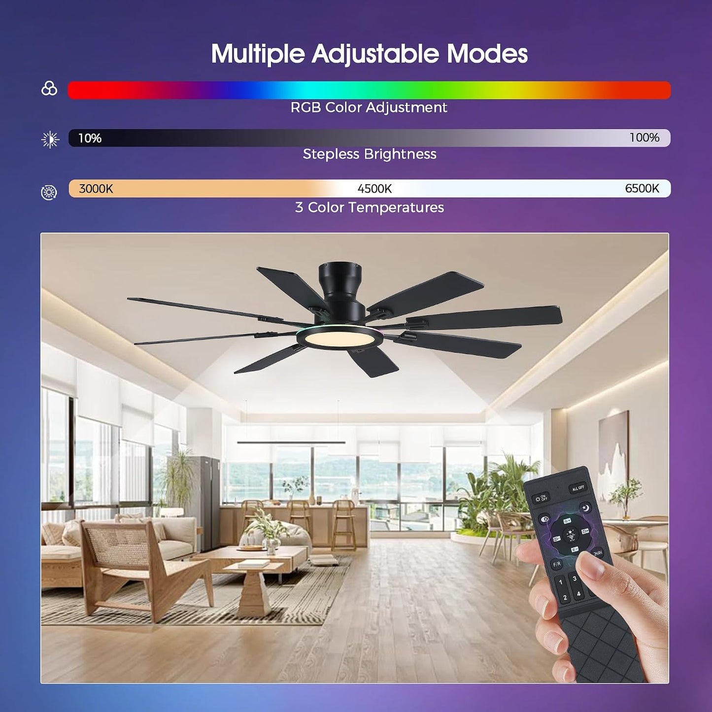 JSAITEE 60Inch Ceiling Fan with Lights Low Profile Flush Mount Brown RGB